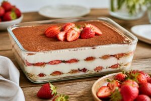 Erdbeer-Tiramisu ohne Ei in einer Glasform, mit sichtbaren Schichten aus Mascarponecreme, Löffelbiskuits und frischen Erdbeeren, von oben fotografiert