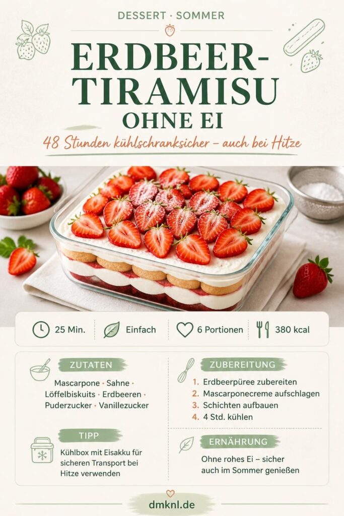 Erdbeer-Tiramisu ohne Ei in einer Glasauflaufform mit sichtbaren Schichten und frischen Erdbeeren oben drauf