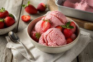 Cremiges Erdbeereis ohne Eismaschine in einer weißen Schüssel, garniert mit frischen Erdbeeren und Minzblättern, von oben fotografiert