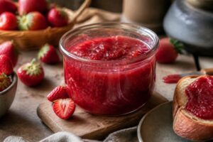 Selbst gemachte Erdbeermarmelade aus überreifen Früchten in Einmachgläsern, frische Erdbeeren daneben auf einem Holztisch