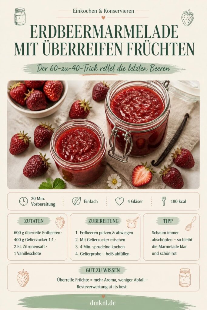 Erdbeermarmelade aus überreifen Früchten in Gläsern – der 60-zu-40-Trick