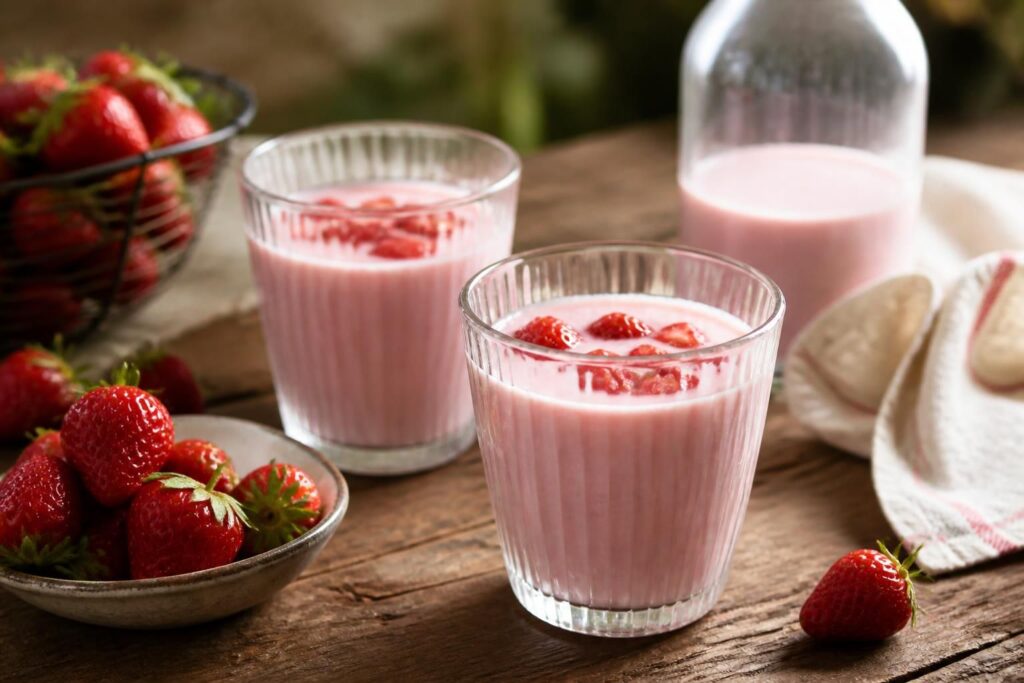 Erdbeermilch nach Omas Rezept im hohen Glas mit frischen Erdbeeren und Minze, von oben fotografiert auf hellem Holztisch