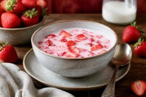 Erdbeermilch nach Omas Art im Glas mit frischen Erdbeeren und einem Strohhalm, von oben fotografiert auf einem Holztisch