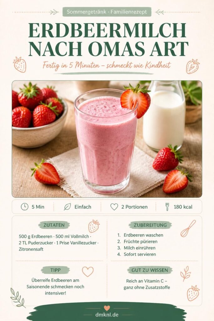 Erdbeermilch nach Omas Art – Pinterest-Rezeptkarte mit Zutaten und Zubereitung
