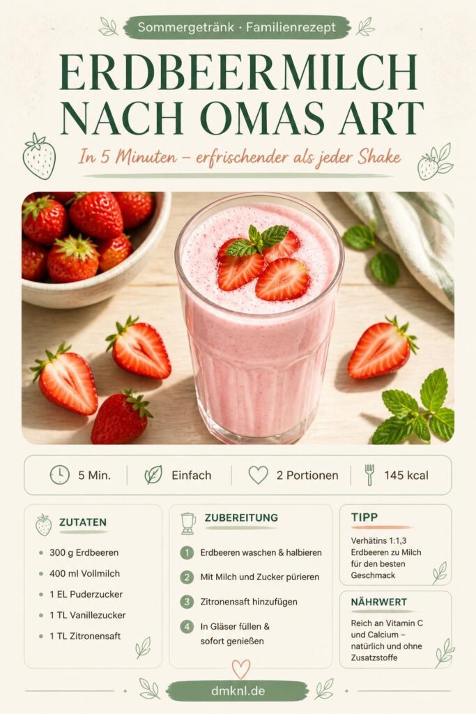 Erdbeermilch nach Omas Art im hohen Glas mit frischen Erdbeeren, Pinterest-Bild