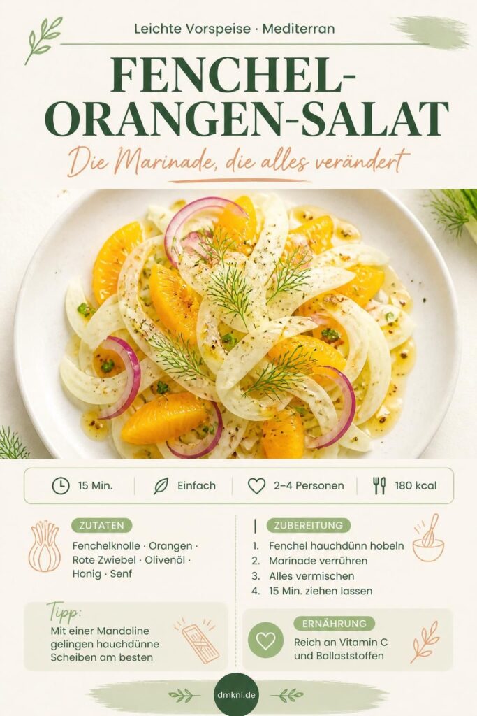 Kalter Fenchel-Orangen-Salat mit Honig-Senf-Marinade, Pinterest-Rezeptkarte