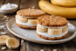Gefrorene Bananen-Sandwiches mit Joghurt auf Backpapier, von oben fotografiert, mit Kokosflocken und Kakaonibs als Topping