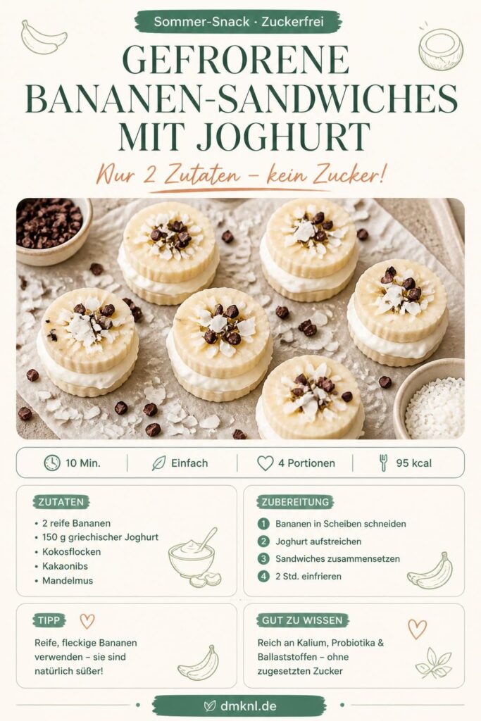 Gefrorene Bananen-Sandwiches mit Joghurt auf Backpapier, bereit zum Einfrieren