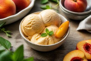 Gefrorene Pfirsichcreme ohne Eismaschine in einer Keramikschale, garniert mit frischen Pfirsichscheiben und Minze