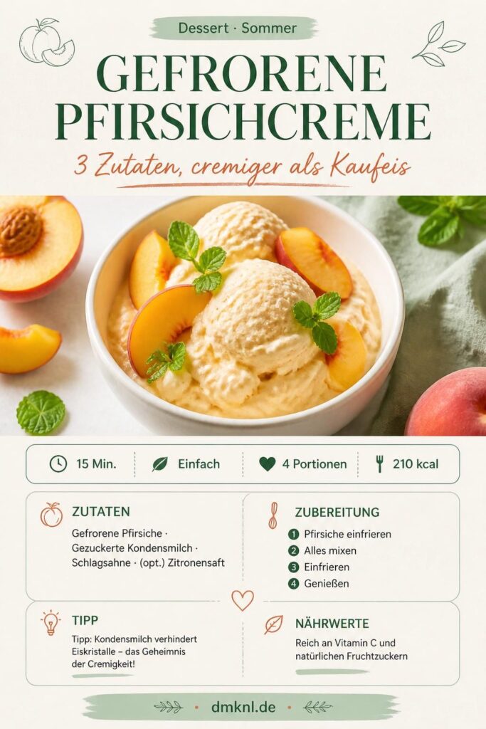 Gefrorene Pfirsichcreme ohne Eismaschine – Pinterest-Karte mit Zutaten und Schritten