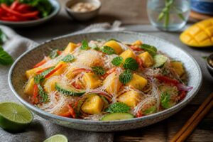 Kalter Glasnudelsalat mit Mango und Limetten-Dressing in einer weißen Schüssel, garniert mit frischem Koriander, Chili und gehackten Erdnüssen