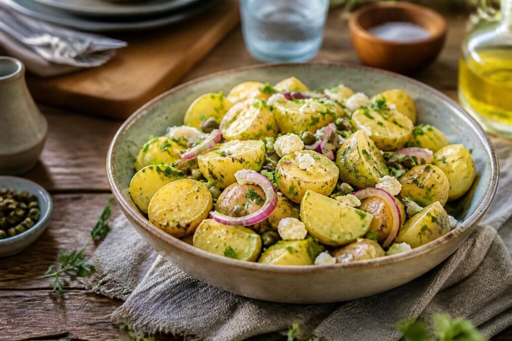 Griechischer Kartoffelsalat ohne Mayonnaise mit Zitronen-Dressing, Feta, Kalamata-Oliven und frischer Petersilie in einer weißen Schüssel