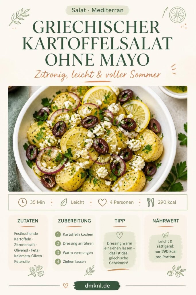 Griechischer Kartoffelsalat ohne Mayonnaise mit Zitronen-Dressing, Feta und Oliven auf einem Holztisch