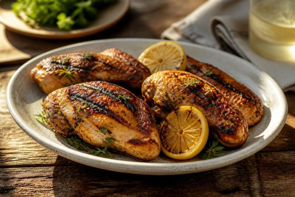 Saftiges Grillhähnchen mit Zitronen-Marinade auf dem Grillrost, mit frischen Zitronenscheiben, Rosmarin und Thymian, Draufsicht