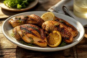 Saftiges Grillhähnchen mit Zitronen-Marinade auf dem Grillrost, mit frischen Zitronenscheiben, Rosmarin und Thymian, Draufsicht