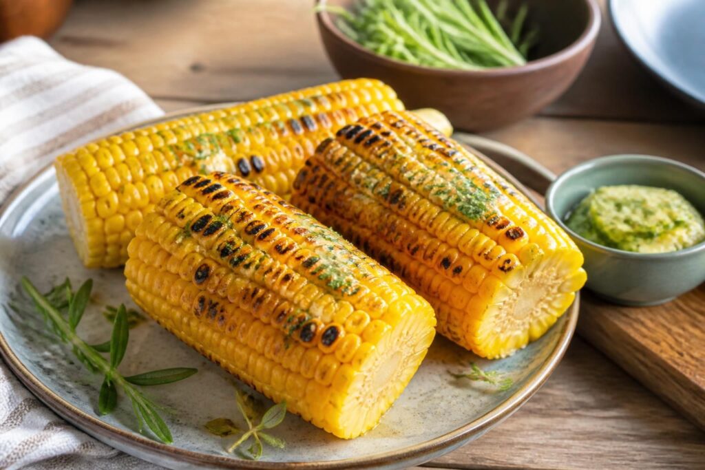 Goldbraun gegrillter Maiskolben mit geschmolzener Kräuterbutter auf einem Holzbrett, frische Kräuter und Knoblauch daneben