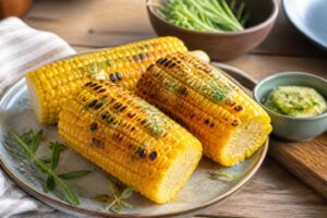 Goldbraun gegrillter Maiskolben mit geschmolzener Kräuterbutter auf einem Holzbrett, frische Kräuter und Knoblauch daneben