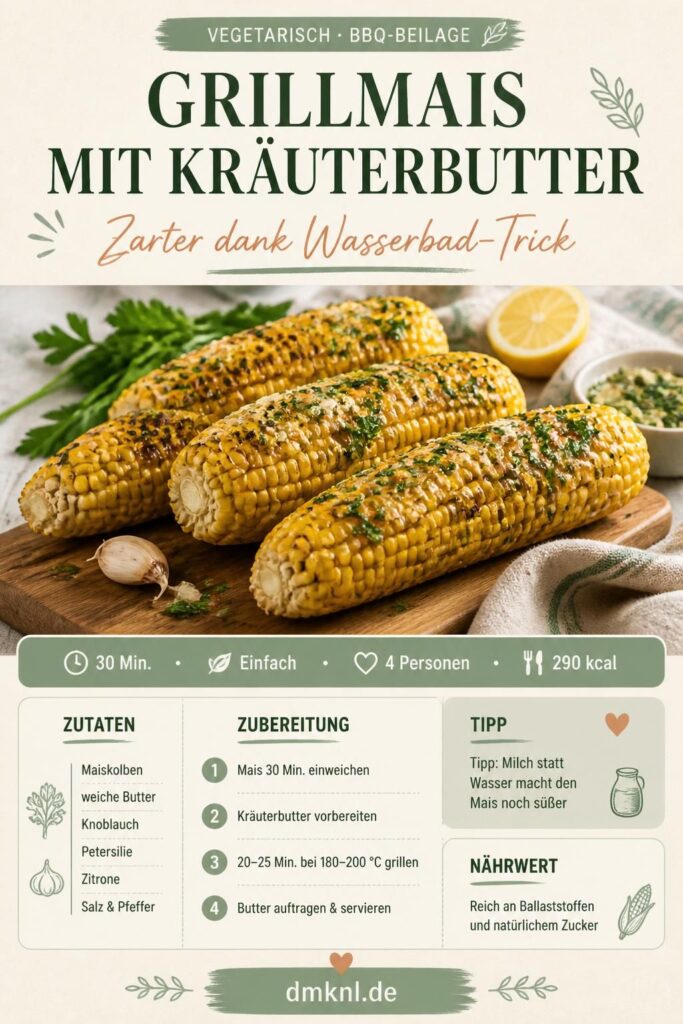 Grillmais mit Kräuterbutter auf einem Holzbrett, goldbraun und saftig