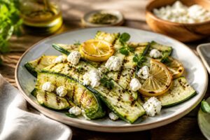 Gegrillte Zucchinischeiben mit zerbröckeltem Feta, Zitronenabrieb und frischen Kräutern auf einem hellen Holzbrett