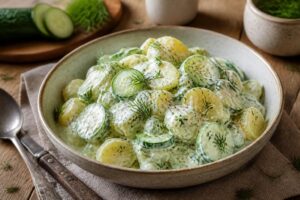 Gurken-Kartoffel-Salat mit Joghurt-Dressing in einer weißen Schüssel, garniert mit frischem Dill und Schnittlauch