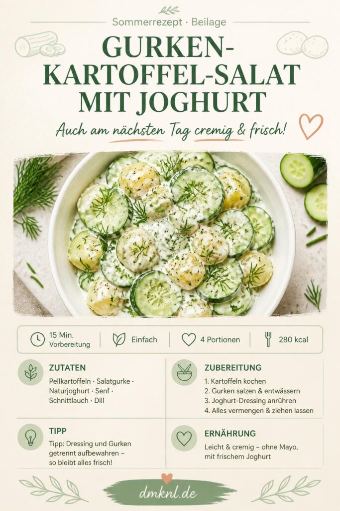 Gurken-Kartoffel-Salat mit Joghurt-Dressing in einer weißen Schüssel, garniert mit Dill und Schnittlauch