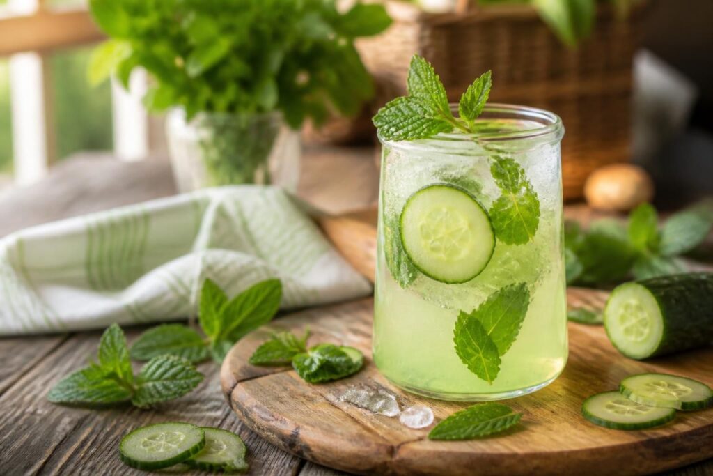 Vier Gläser Gurken-Limonade mit Minze und Eiswürfeln, garniert mit Gurkenscheiben und frischen Minzblättern auf einem hellen Holztisch