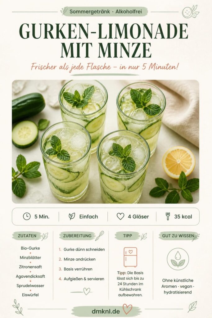 Gurken-Limonade mit Minze in vier hohen Gläsern mit Eiswürfeln und Gurkenscheiben