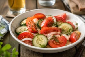 Gurken-Tomaten-Salat mit Essig-Öl-Dressing, frischem Dill und roten Zwiebeln in einer weißen Schüssel, angerichtet wie im Biergarten