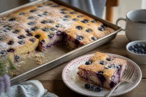 Saftiger Heidelbeer-Blechkuchen mit Buttermilch auf einem Backblech, goldbraun gebacken mit saftigen Blaubeeren im Teig