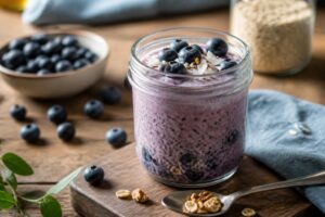 Cremiger Heidelbeer-Chia-Pudding über Nacht im Glas, garniert mit frischen Blaubeeren und Granola, auf einem Holztisch