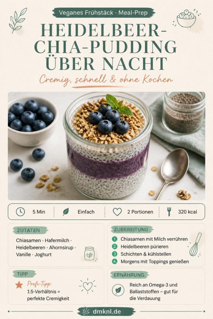 Cremiger Heidelbeer-Chia-Pudding über Nacht im Glas mit frischen Blaubeeren und Granola