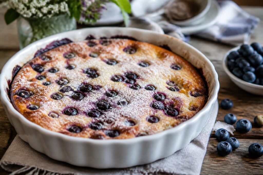 Heidelbeer-Clafoutis frisch aus dem Ofen in einer runden Auflaufform, goldbraun mit saftigen Blaubeeren, bestäubt mit Puderzucker