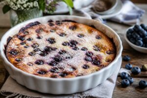 Heidelbeer-Clafoutis frisch aus dem Ofen in einer runden Auflaufform, goldbraun mit saftigen Blaubeeren, bestäubt mit Puderzucker