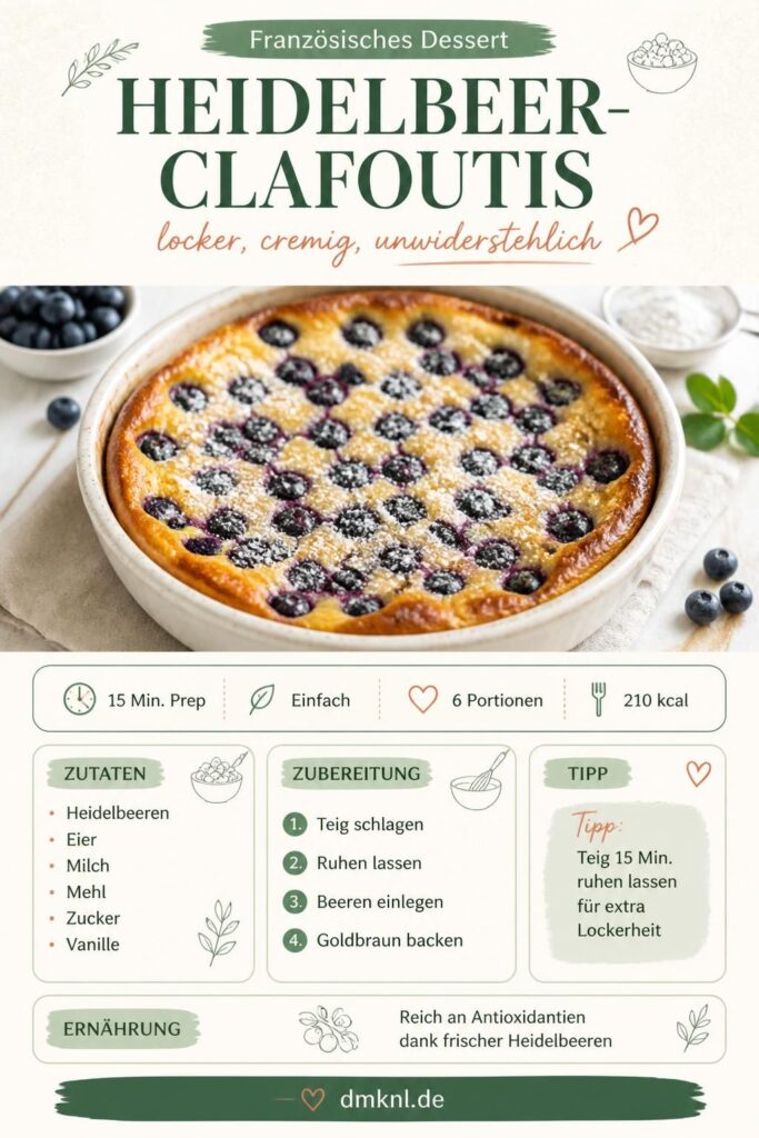 Heidelbeer-Clafoutis aus dem Ofen, goldbraun und mit Puderzucker bestäubt – Pinterest-Pin