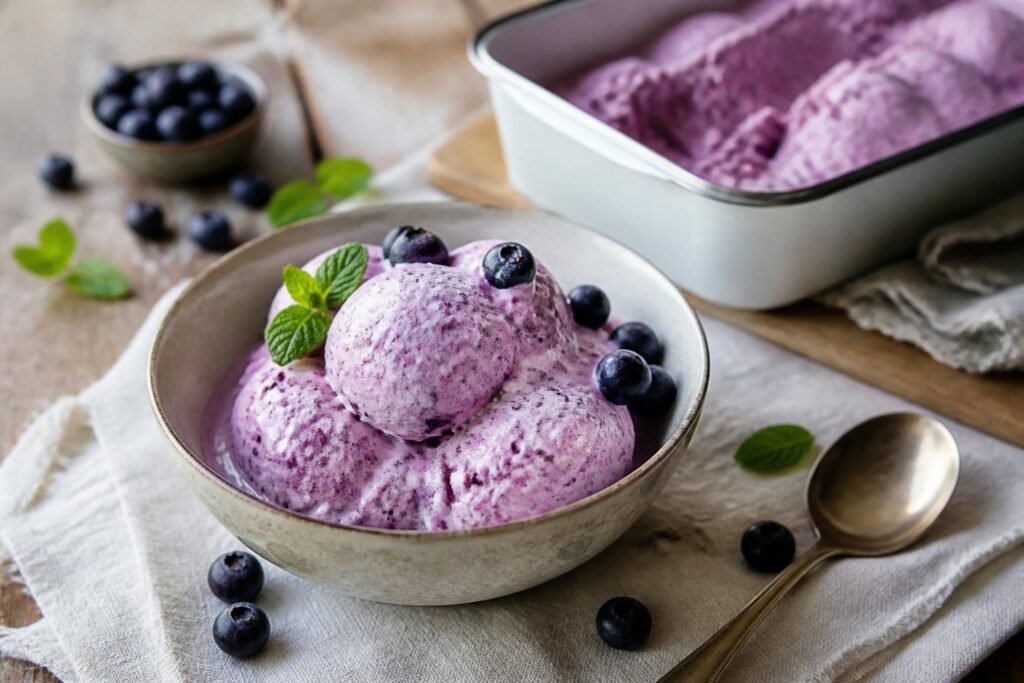 Cremiges Heidelbeer-Joghurt-Eis ohne Eismaschine in einer weißen Schale, mit frischen Blaubeeren garniert, auf einem Holztisch