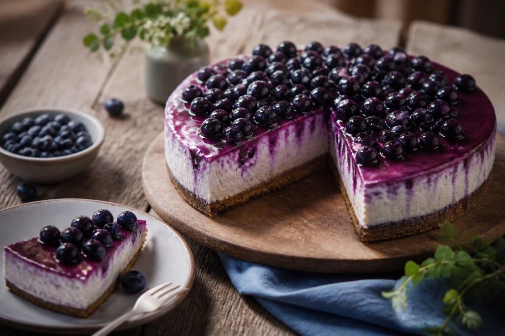 Heidelbeer-Käsekuchen ohne Backen auf einem weißen Teller, perfekt schnittfest angeschnitten, mit frischem Blaubeer-Topping und Keksboden