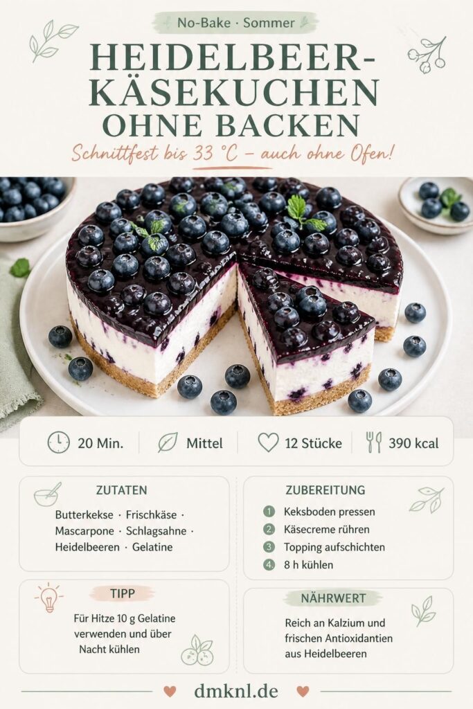 Heidelbeer-Käsekuchen ohne Backen, schnittfest, mit frischem Blaubeer-Topping – Pinterest-Rezeptkarte