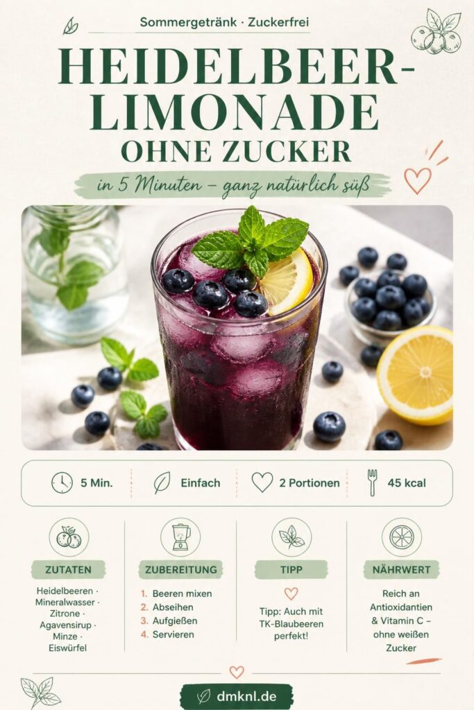 Zuckerfreie Heidelbeer-Limonade im Glas mit Eiswürfeln, Minze und frischen Blaubeeren