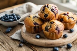 Frisch gebackene Heidelbeer-Muffins auf einem Holzbrett, goldbraune Oberfläche mit prallen blauen Beeren, Frühstücksstimmung