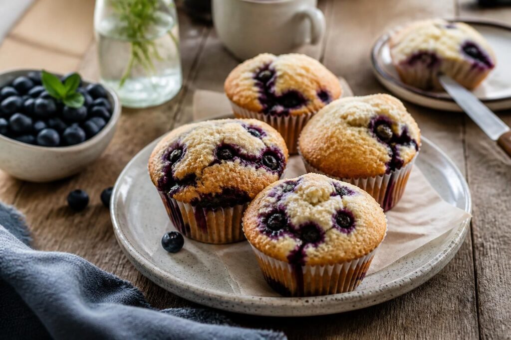 Saftige Heidelbeer-Muffins auf einem hellen Holzbrett, frisch aus dem Ofen, mit aufgeplatzten Blaubeeren und goldbrauner Kruste