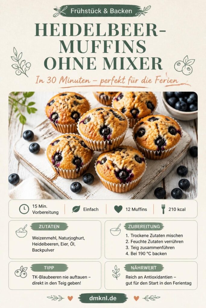 Heidelbeer-Muffins ohne Mixer – Pinterest-Rezeptkarte