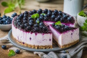 Angeschnittene Heidelbeer-Quark-Torte ohne Backen auf einem Holzbrett, mit sichtbar fester Quarkcreme und frischen Heidelbeeren