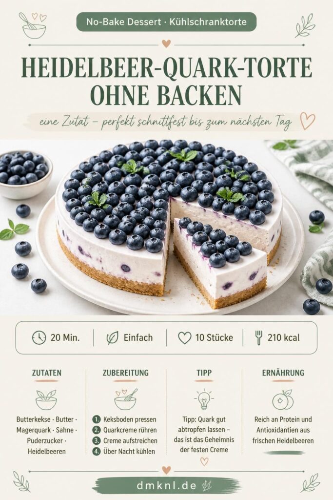 Heidelbeer-Quark-Torte ohne Backen – angeschnittenes Stück mit fester Quarkcreme und Heidelbeeren
