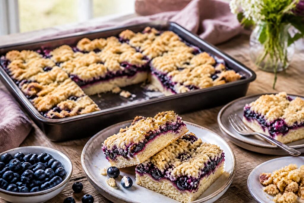 Heidelbeer-Streuselkuchen vom Blech mit goldbraunen Streuseln und frischen Blaubeeren, auf einem hellen Holztisch fotografiert von oben