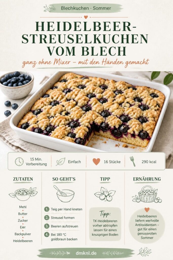 Heidelbeer-Streuselkuchen vom Blech ohne Mixer – Pinterest-Bild mit Rezeptübersicht