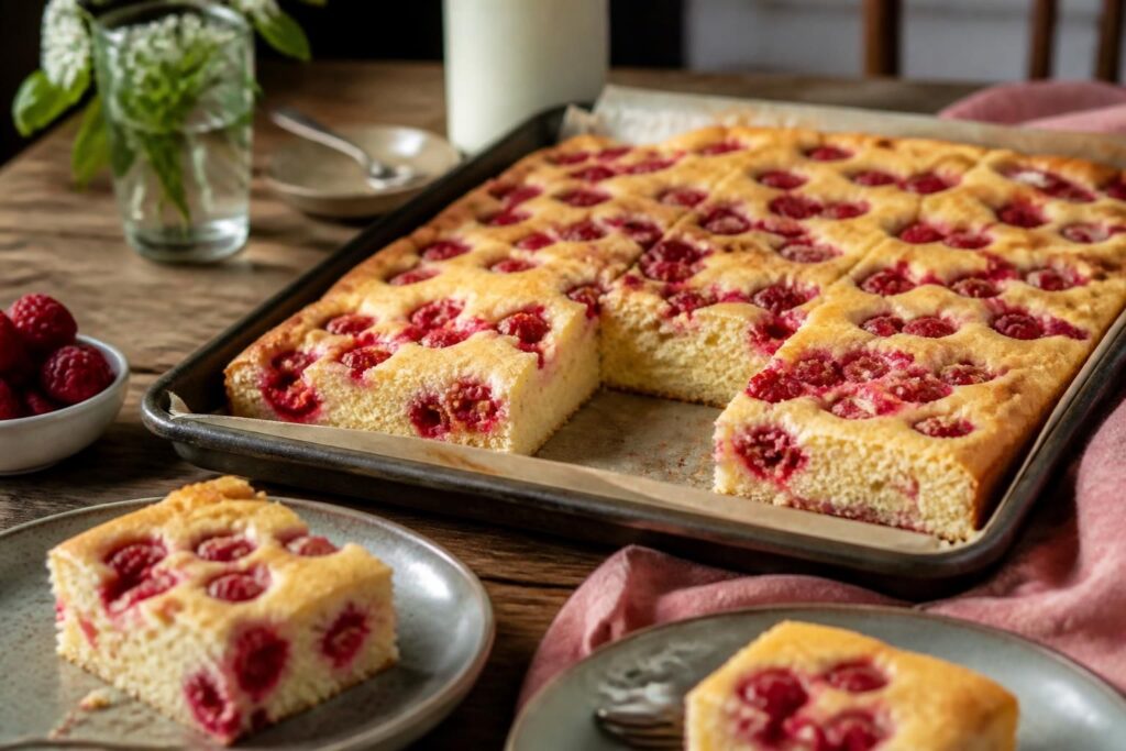 Himbeer-Blechkuchen mit Buttermilch auf einem Backblech, mit frischen Himbeeren belegt und mit Puderzucker bestäubt, Schnittbild zeigt saftigen Teig