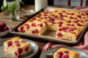Himbeer-Blechkuchen mit Buttermilch auf einem Backblech, mit frischen Himbeeren belegt und mit Puderzucker bestäubt, Schnittbild zeigt saftigen Teig