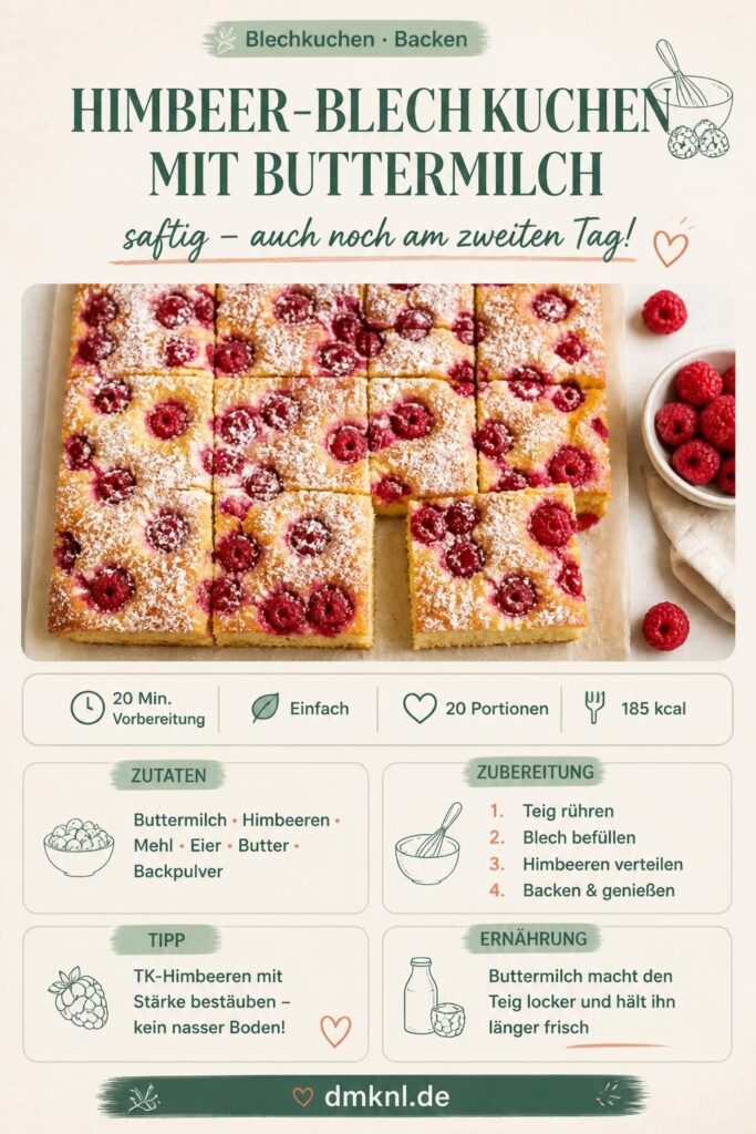 Himbeer-Blechkuchen mit Buttermilch – saftiger Rührteig mit frischen Himbeeren und Puderzucker, in Stücke geschnitten auf dem Backblech