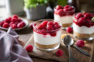 Himbeer-Cheesecake im Glas ohne Backen – cremige Frischkäse-Schicht mit frischen Himbeeren auf knusprigem Keksboden in einem Portionsglas