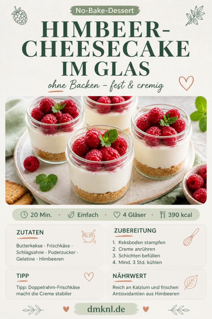 Himbeer-Cheesecake im Glas ohne Backen – Pin-Bild mit Zutatenliste und Schritten